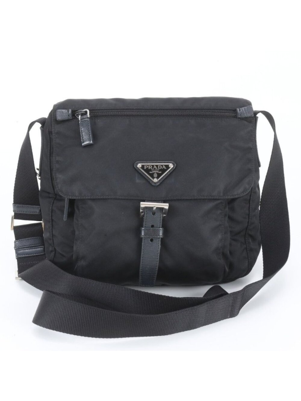 Prada Tessuto Nylon Triangle Logo White Tag Leather Shoulder Bag Crossbody Black